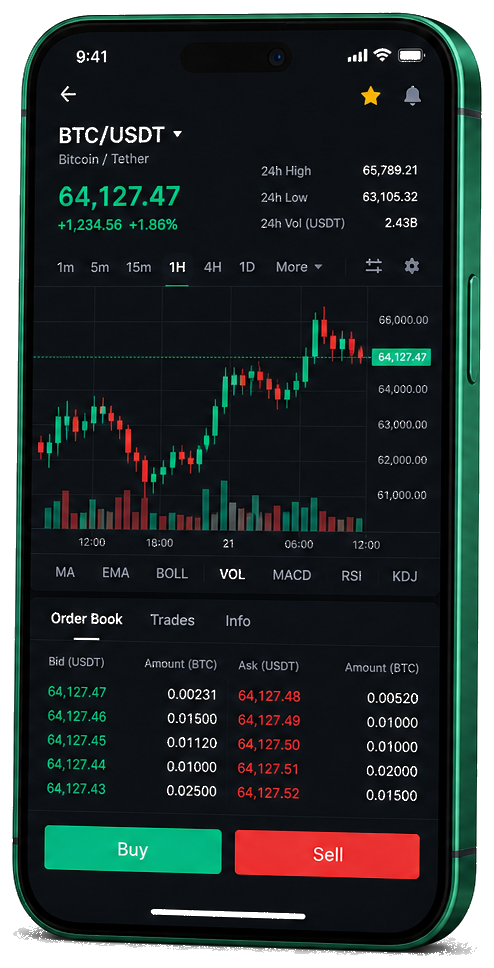 Vernata Celdorio plataforma móvil de trading — gráficos en vivo BTC/USDT, libro de órdenes e interfaz para comprar/vender